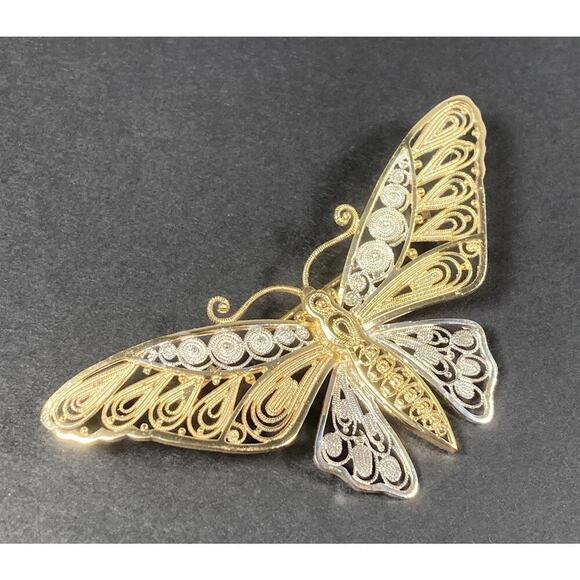 Vintage VanLou Sterling Silver Gold Plated Filigree Butterfly Pin Brooch - Picture 3 of 9